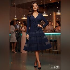 Lauren Ralph Lauren Navy Blue Long Sleeve Tulle Trim Jersey Dress size 14